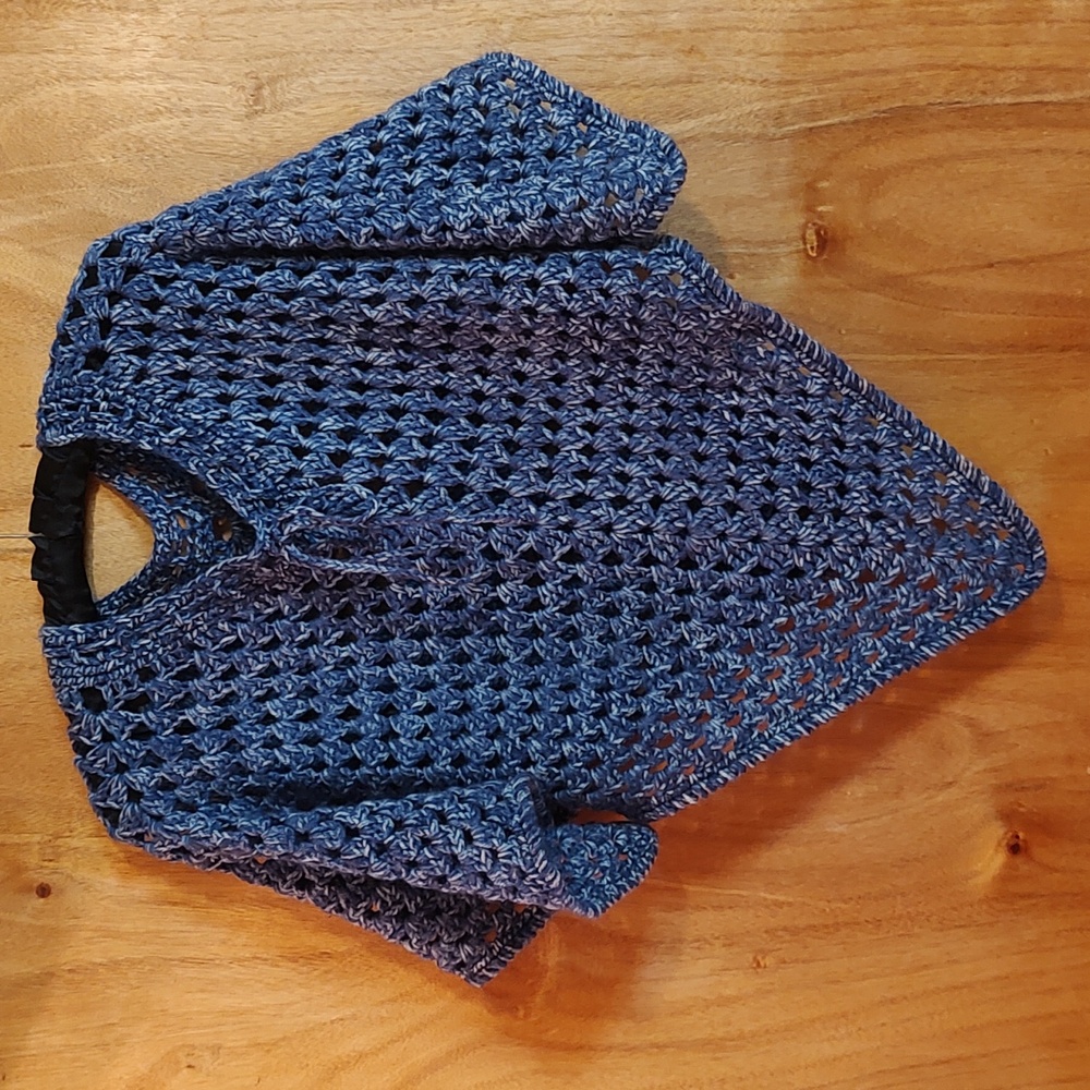Beautiful Handmade Crocheted Drawstring Shawl Blue White Boho Poncho Cape OS